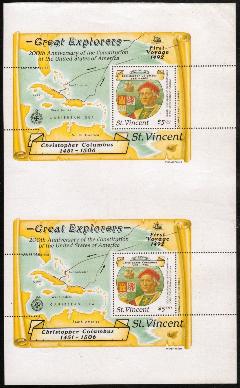 1988 Discovery of America Souvenir Sheet Vertical Proof Pair with Odd Perforations on the Right 1988 Discovery of America Souvenir Sheet Vertical Proof Pair with Odd Perforations on the Right